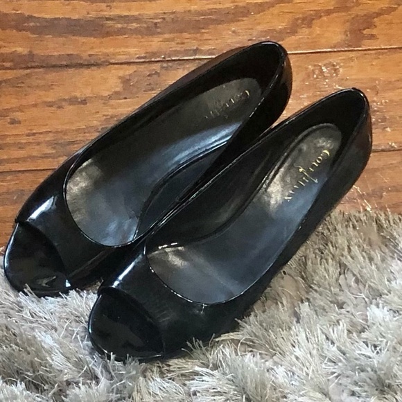 Cole Haan Black Patent Leather Wedge Peep Toe - Picture 1 of 8